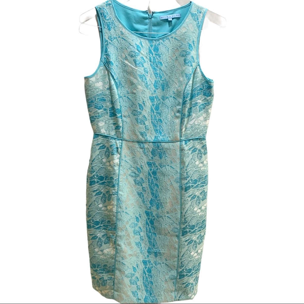 ANTONIO MELANI Turquoise Lace-Overlay Sheath Dress